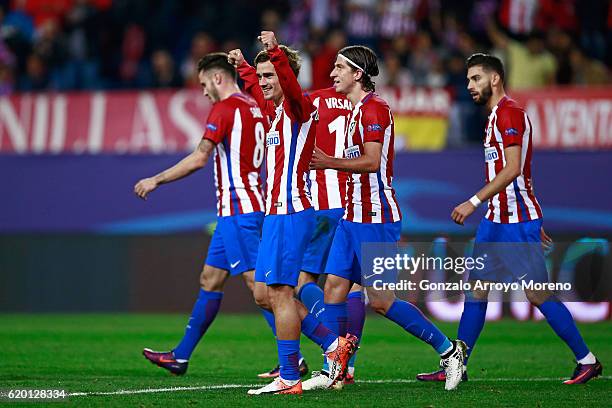 Antoine Griezmann of Atletico Madrid celebrates scoring his sides first goal during the UEFA Champions League Group D match between Club Atletico de...