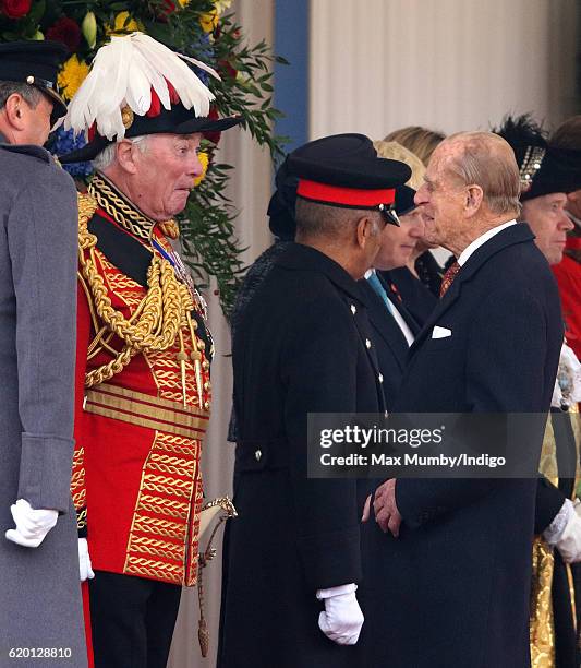 Lord Samuel Vestey, Master of the Horse, talks with Prince Philip, Duke of Edinburgh during the Ceremonial Welcome for the President of Colombia at...