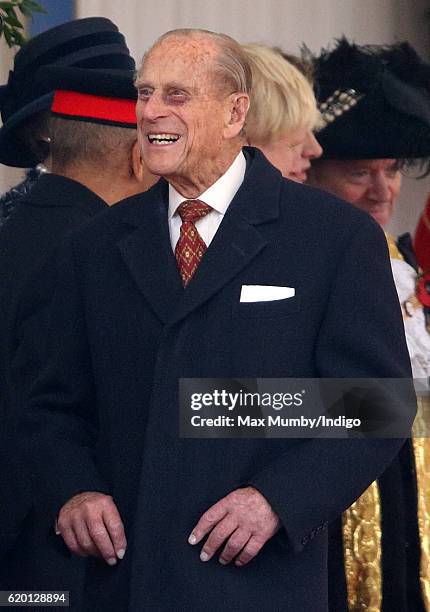 Prince Philip, Duke of Edinburgh attends the Ceremonial Welcome for the President of Colombia at Horse Guards Parade on November 1, 2016 in London,...