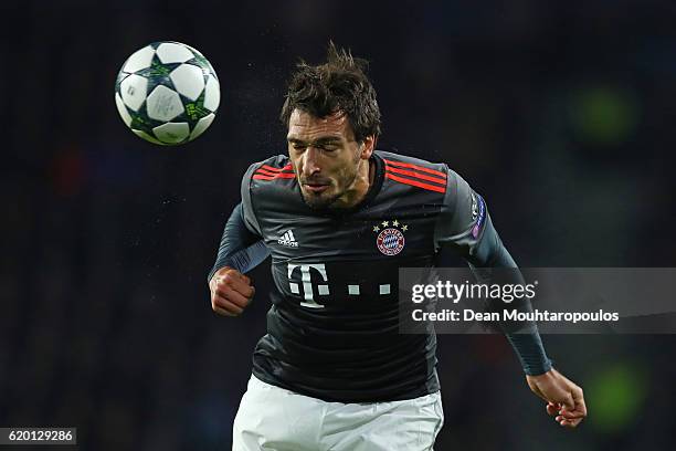 Mats Hummels of Bayern Muenchen heads clear during the UEFA Champions League Group D match between PSV Eindhoven and FC Bayern Muenchen at Philips...