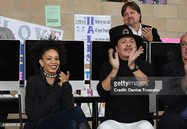 Cindy Blackman Santana and Carlos Santana during a press conference to announce a special partnership and research project with Square Panda and the...
