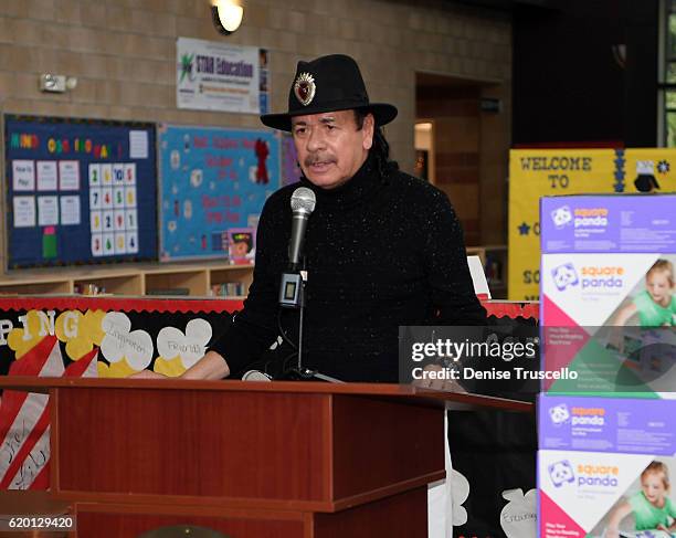 Carlos Santana speaks during a press conference to announce a special partnership and research project with Square Panda and the Andre Agassi College...