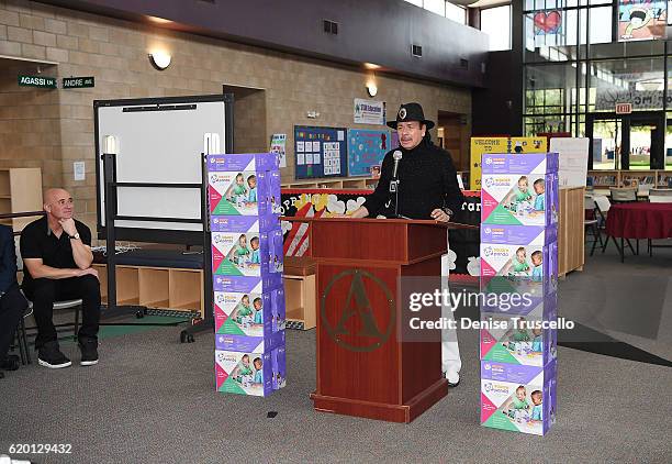 Carlos Santana speaks during a press conference to announce a special partnership and research project with Square Panda and the Andre Agassi College...