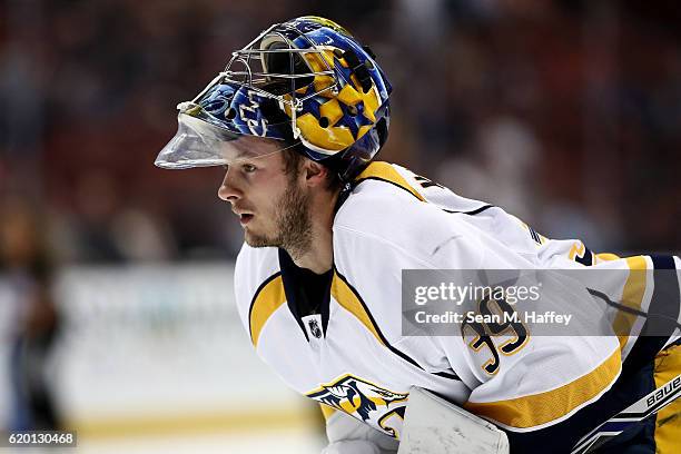 Marek Mazanec of the Nashville Predators looks on during the third period of a game against the Anaheim Ducks at Honda Center on October 26, 2016 in...