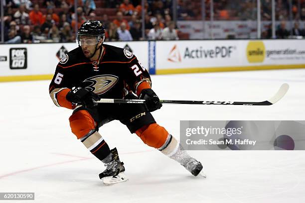 Emerson Etem of the Anaheim Ducks skates during the third period of a game against the Nashville Predators at Honda Center on October 26, 2016 in...