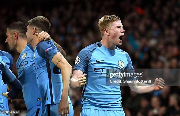 Kevin De Bruyne of Manchester City celebrates scoring his sides second goal during the UEFA Champions League Group C match between Manchester City FC...