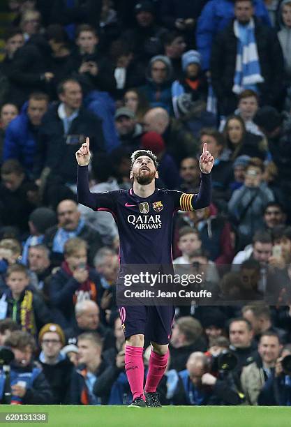 Lionel Messi of FC Barcelona celebrates his goal during the UEFA Champions League match between Manchester City FC and FC Barcelona at Etihad Stadium...
