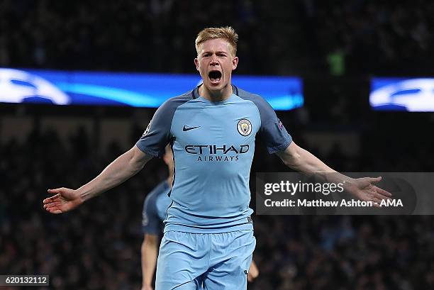 Kevin de Bruyne of Manchester City celebrates scoring his team's second goal to make the score 2-1 during the UEFA Champions League match between...