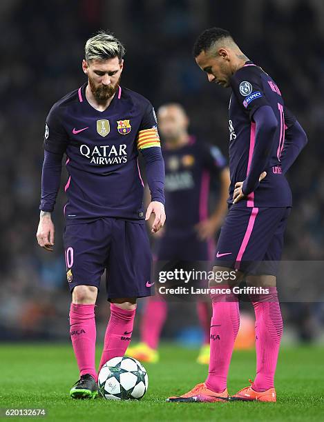 Lionel Messi of Barcelona and Neymar of Barcelona are dejected after Manchester City score their third goal during the UEFA Champions League Group C...