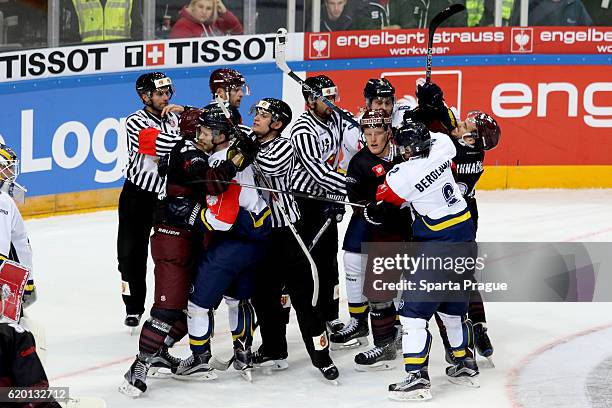 After match brawl during the Champions Hockey League Round of 16 match between Sparta Prague and HV71 Jonkoping at O2 Arena Prague on November 1,...