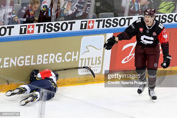 Michal Cajkovsky of HC Sparta Prague disagree with the referee call during the Champions Hockey League Round of 16 match between Sparta Prague and...