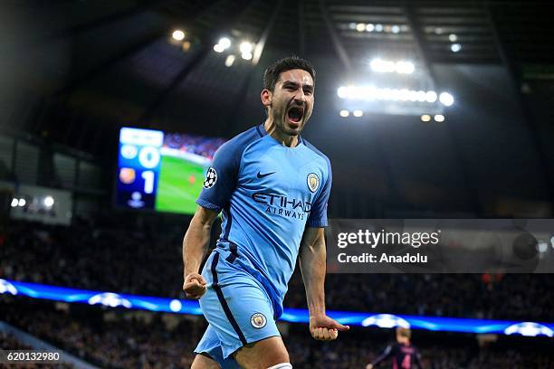 Manchester City's Ilkay Gundogan celebrates after scoring the equalising 1-1 goal against Barcelona during the UEFA Champions League Group C football...