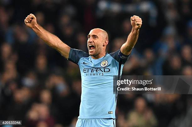 Pablo Zabaleta of Manchester City celebrates his sides win after the final whistle during the UEFA Champions League Group C match between Manchester...