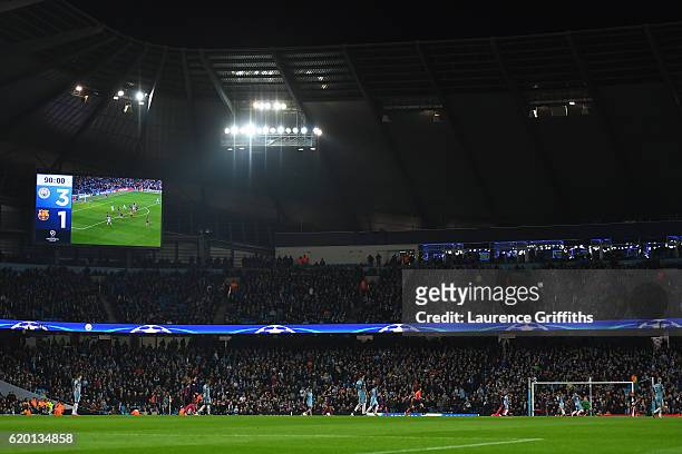 General view inside the stadium during the UEFA Champions League Group C match between Manchester City FC and FC Barcelona at Etihad Stadium on...
