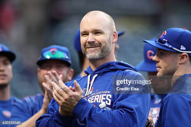 David Ross of the Chicago Cubs reacts during batting practice prior to Game Six of the 2016 World Series against the Cleveland Indians at Progressive...