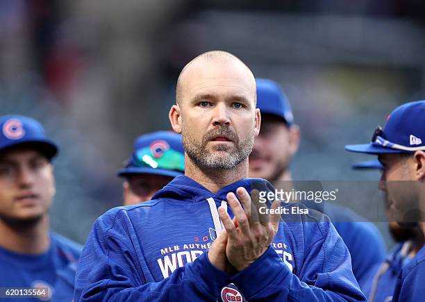 David Ross of the Chicago Cubs looks on during batting practice prior to Game Six of the 2016 World Series against the Cleveland Indians at...