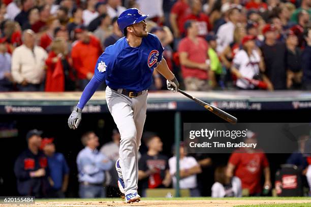 Kris Bryant of the Chicago Cubs hits a solo home run during the first inning against Josh Tomlin of the Cleveland Indians in Game Six of the 2016...