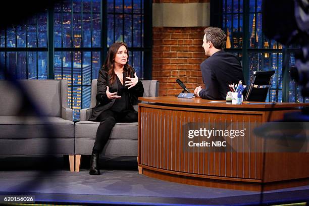 Episode 442 -- Pictured: Actress Pamela Adlon during an interview with host Seth Meyers on November 1, 2016 --