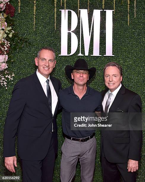 President and CEO of BMI Mike O'Neill, Singer-Songwriter Kenny Chesney and Vice President of Writer-Publisher Relations Jody Williams attend the 64th...