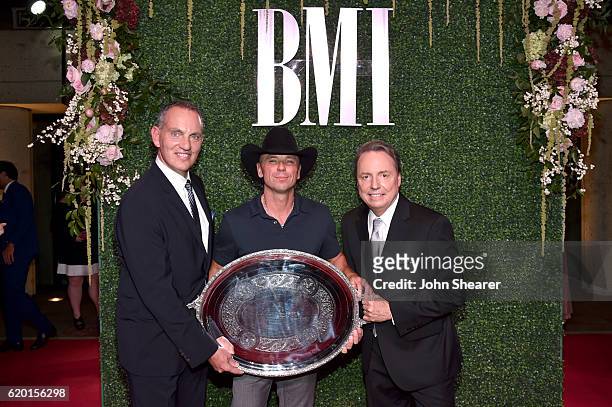 President and CEO of BMI Mike O'Neill, Singer-Songwriter Kenny Chesney and Vice President of Writer-Publisher Relations Jody Williams attend the 64th...