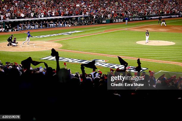 Kris Bryant of the Chicago Cubs hits a solo home run during the first inning against Josh Tomlin of the Cleveland Indians in Game Six of the 2016...