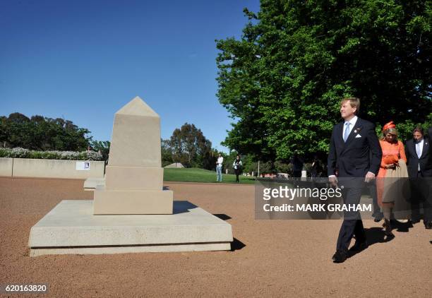 Dutch King Willem-Alexander and Queen Maxima inspect the Afghanistan memorial during their visit of the Australian War Memorial in Canberra on...