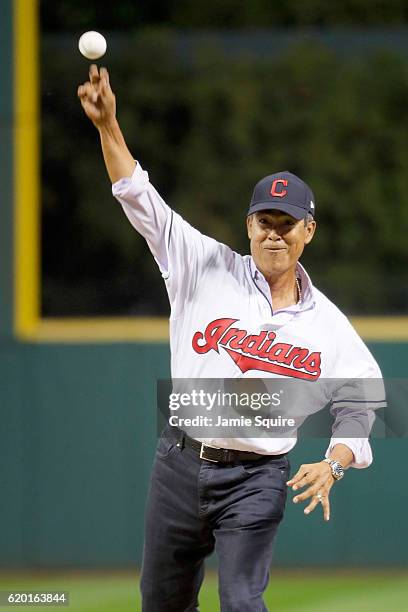 Former Indians pitcher Dennis Martinez throws out the ceremonial first pitch before Game Six of the 2016 World Series between the Chicago Cubs and...