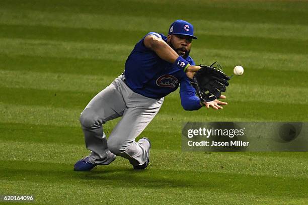 Jason Heyward of the Chicago Cubs catches a ball hit by Jose Ramirez of the Cleveland Indians during the fourth inning in Game Six of the 2016 World...