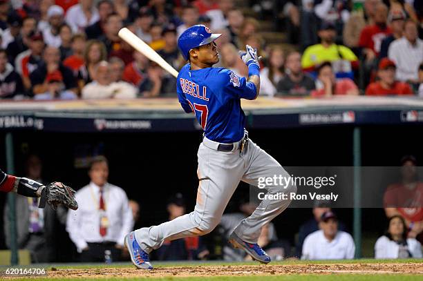 Addison Russell of the Chicago Cubs hits a grad slam in the third inning during Game 6 of the 2016 World Series against the Cleveland Indians at...