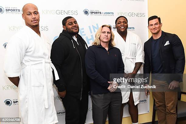 Kerry Wynn, Robert Thomas, Joe Ruback, Jay Bromley and Steve Weatherford attend the unveiling of the Kryogenesis center at New York Sport & Joints on...