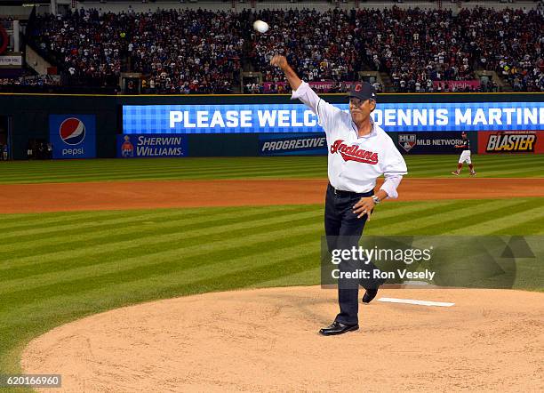 Former Indians pitcher Dennis Martinez throws out the ceremonial first pitch prior to Game 6 of the 2016 World Series between the Chicago Cubs and...