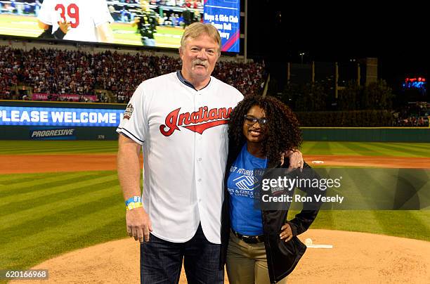 Former Indians pitcher Len Barker poses with Boys & Girls Clubs of Americas Ohio Youth of the Year Rosetta Shepherd after delivering the game ball...