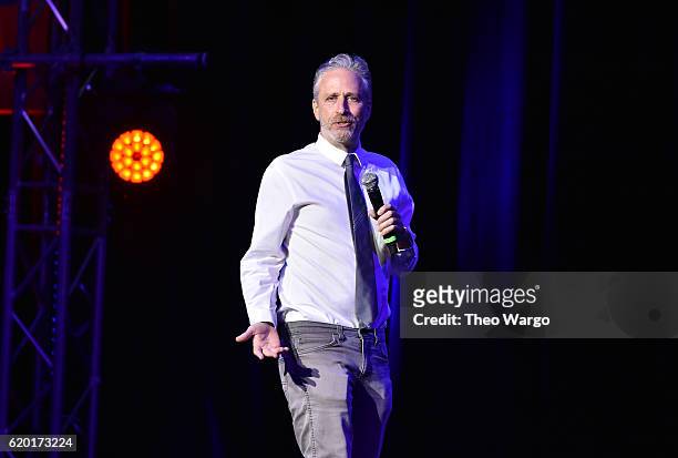 Jon Stewart performs on stage during 10th Annual Stand Up For Heroes at The Theater at Madison Square Garden on November 1, 2016 in New York City.