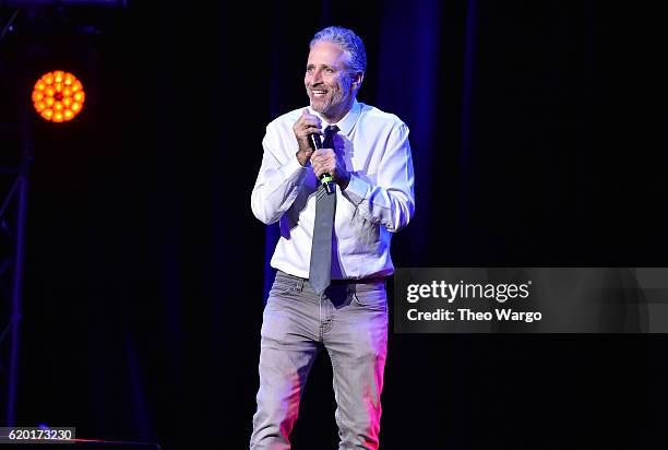Jon Stewart performs on stage during 10th Annual Stand Up For Heroes at The Theater at Madison Square Garden on November 1, 2016 in New York City.