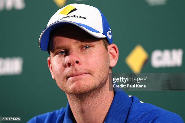 Steve Smith of Australia addresses the media at press conference following an Australian nets session at WACA on November 2, 2016 in Perth, Australia.