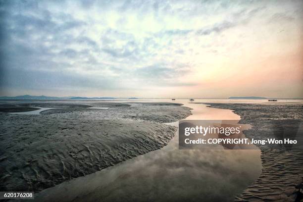 the colorful sky and its reflection on the sea water between mud flats - mud flat stock pictures, royalty-free photos & images
