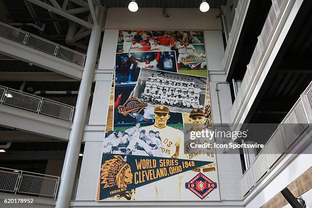 Banner inside of Progressive Field shows the last World Series appearances prior to game 6 of the 2016 World Series against the Chicago Cubs and the...