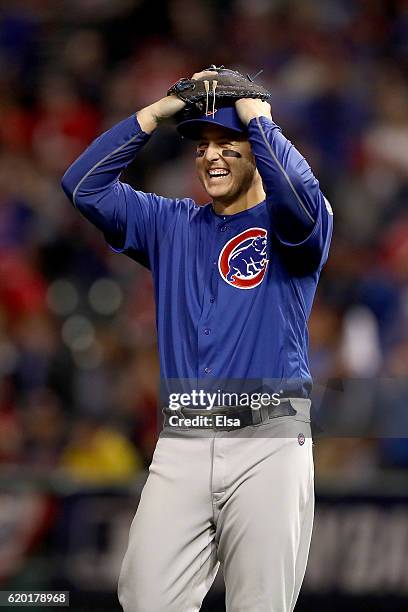 Anthony Rizzo of the Chicago Cubs reacts after defeating the Cleveland Indians 9-3 to win Game Six of the 2016 World Series at Progressive Field on...