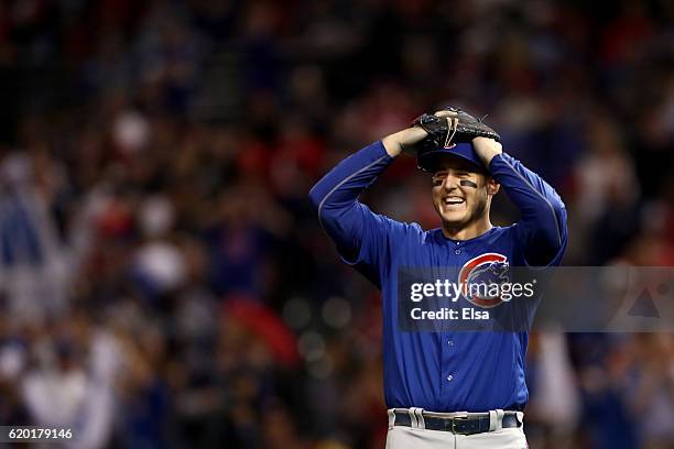 Anthony Rizzo of the Chicago Cubs reacts after defeating the Cleveland Indians 9-3 to win Game Six of the 2016 World Series at Progressive Field on...