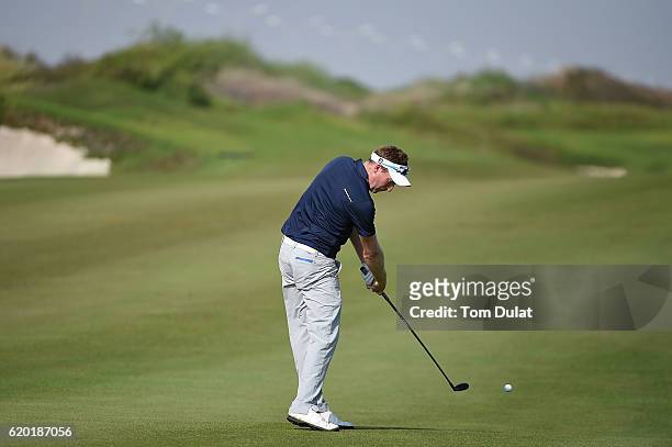Steven Tiley of England hits an approach shot on the 3rd hole during day one of the NBO Golf Classic Grand Final at Al Mouj Golf on November 2, 2016...