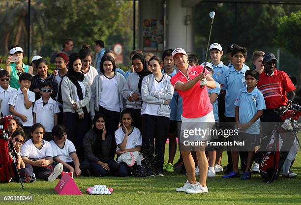 Annika Sörenstam of Sweden gives a demontration during a junior clinic to local children ahead of the Fatima Bint Mubarak Ladies Open at Saadiyat...