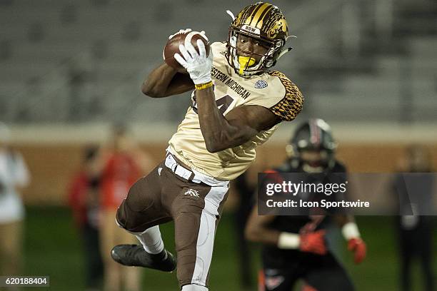 Western Michigan Broncos wide receiver Corey Davis leaps to make a catch during the NCAA football game between the Ball State Cardinals and Western...