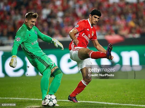 Dynamo Kyiv's goalkeeper Artur Rudko vies for the ball with Benfica's forward Goncalo Guedes during Champions League 2016/17 match between SL Benfica...