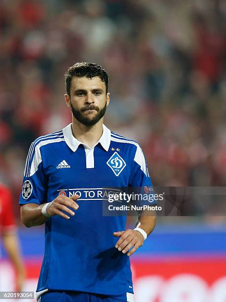 Dynamo Kyiv's forward Moraes reacts after his penalty kick failure during Champions League 2016/17 match between SL Benfica vs Dynamo Kyiv, in...