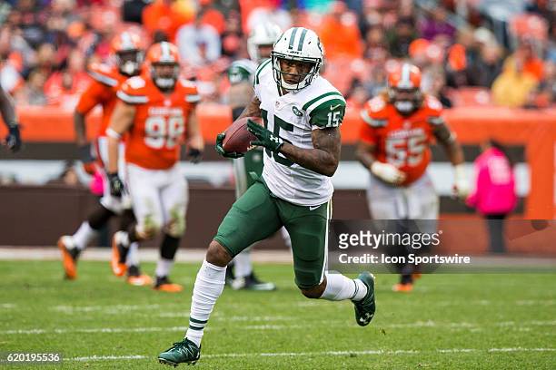 New York Jets Wide Receiver Brandon Marshall runs after making a catch during the fourth quarter of the NFL game between the New York Jets and...