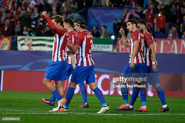 Antoine Griezmann of Atletico Madrid celebrates scoring his sides first goal during the UEFA Champions League Group D match between Club Atletico de...