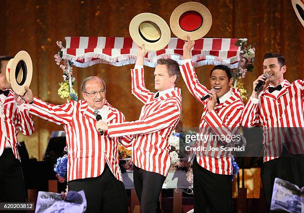 Recipient of Diane Disney Miller Lifetime Achievement Award, Marty Sklar and Master of Ceremonies, Neil Patrick Harris perform onstage during The...