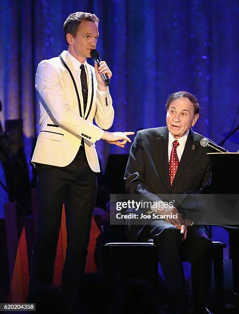 Master of Ceremonies, Neil Patrick Harris and Composer Richard Sherman speak onstage during The Walt Disney Family Museum's 2nd Annual Gala at...