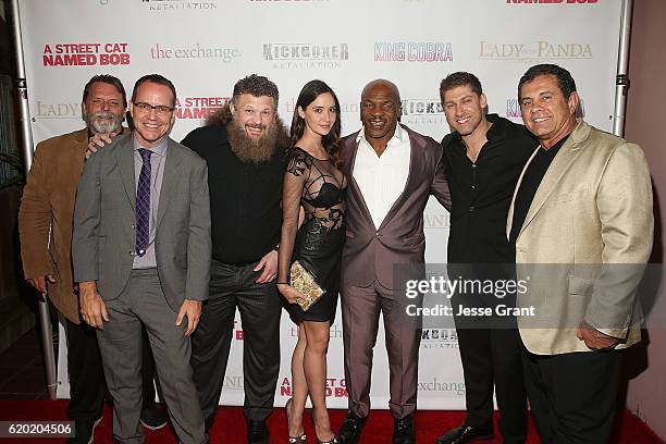 Rob Hickman, Brian O'Shea, Roy Nelson, Sara Malakul Lane, Mike Tyson, Alain Moussi and Dimitri Logothetis attend AFM'16 The Exchange's 5 Year...