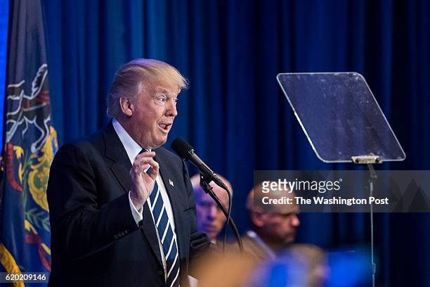 Republican presidential candidate Donald Trump speaks during a campaign event at the DoubleTree by Hilton Philadelphia Valley Forge in King of...